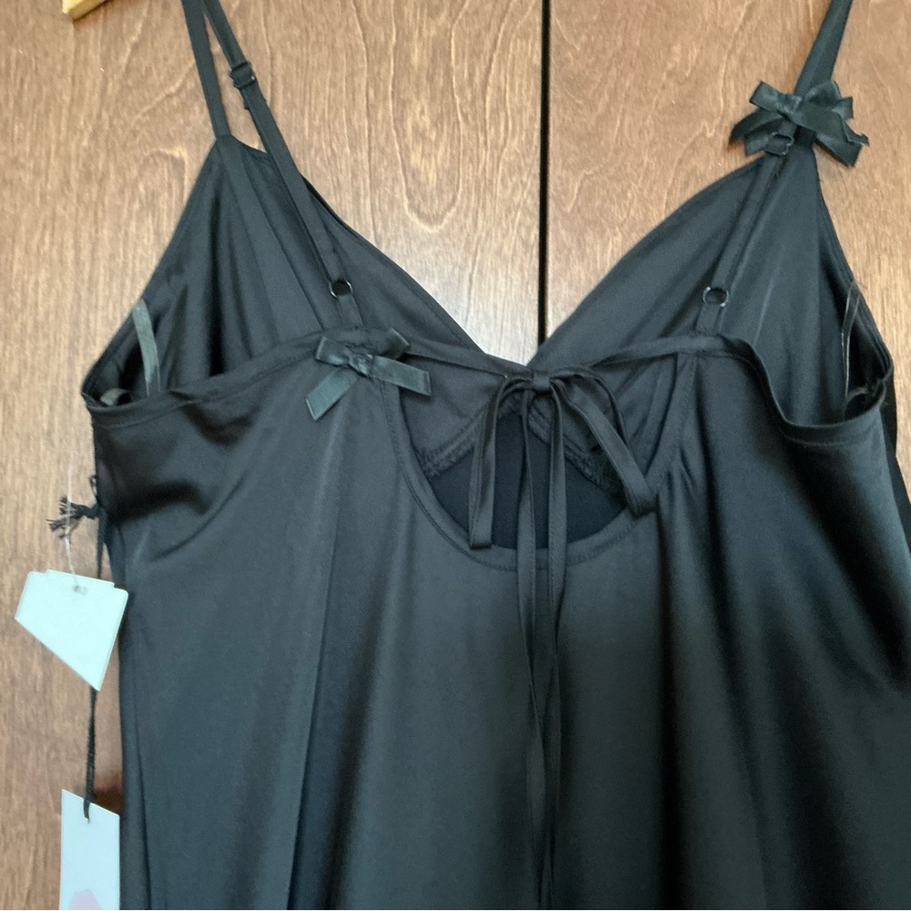 Crystal Doll Black Satin Slip Dress Bow Straps Event Wedding Guest Party Glam L - Picture 7 of 10